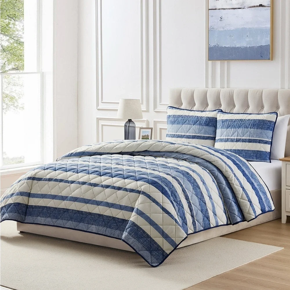 Quilt Set 3 pc King Blue Stripes Reversible